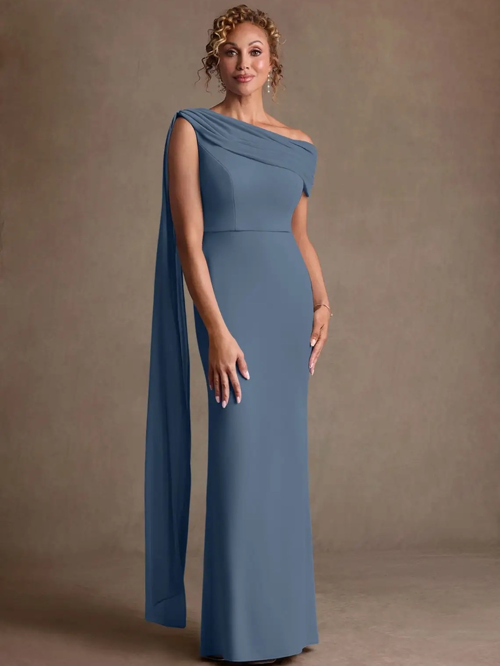 Azazie One-Shoulder Slate Blue Column Gown